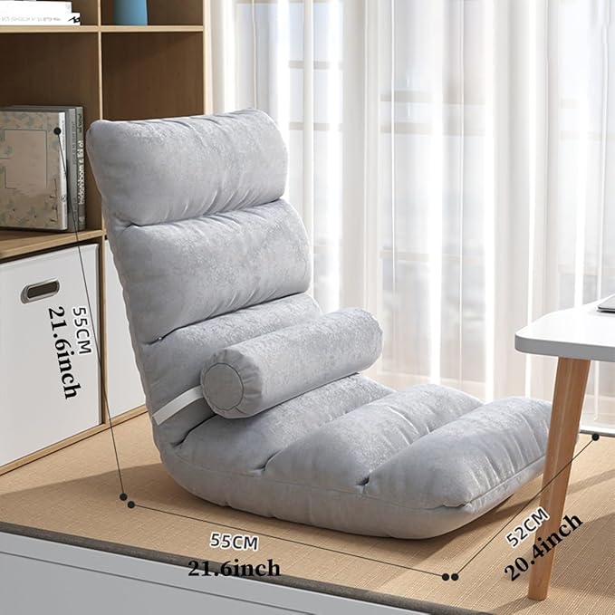ELEFOCUS Floor Chair Adjustable for Adults 5 Adjustable Position Folding Floor Gaming Chair Lounger with Pillow for Reading(Light Gray C)
