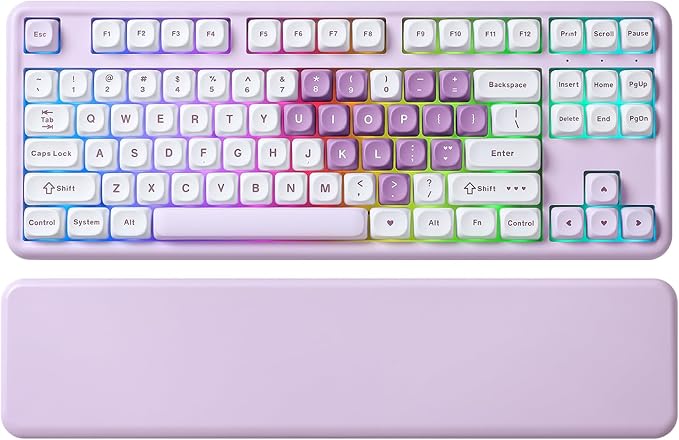 YUNZII B87 Wireless Mechanical KeyboardQMK/VIA ProgrammableTKL Layout 87 KeysBT/2.4G/USB-CHot Swap Gasket Mount RGB Backlit Gaming with Wrist Rest for Win/Mac (Purple Heart Milk V2)