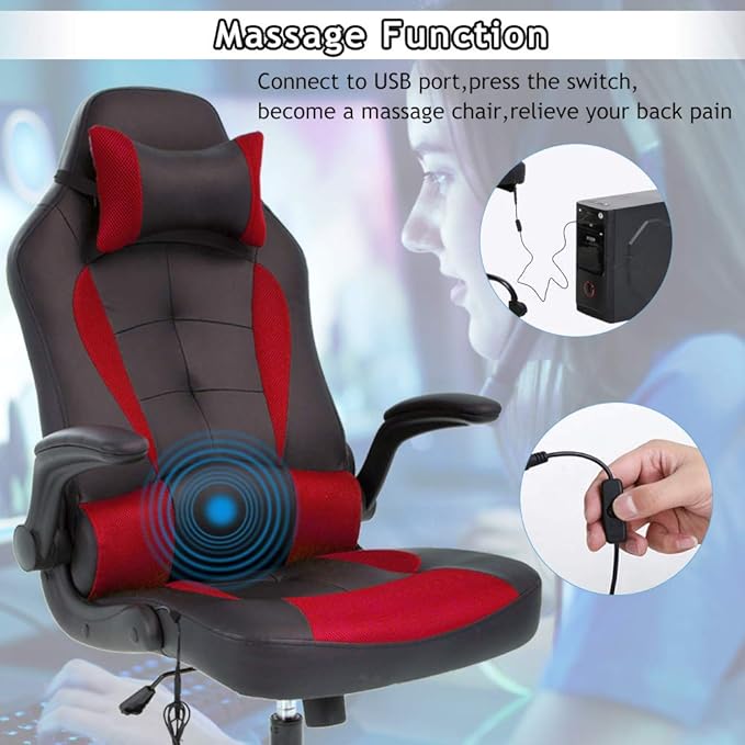 Massage Gaming Chair Ergonomic Office Chair High Back Desk Chair PU Leather Executive Chair with Lumbar Support Headrest Armrest PC Racing Computer Chair Task Rolling Swivel Chair Red