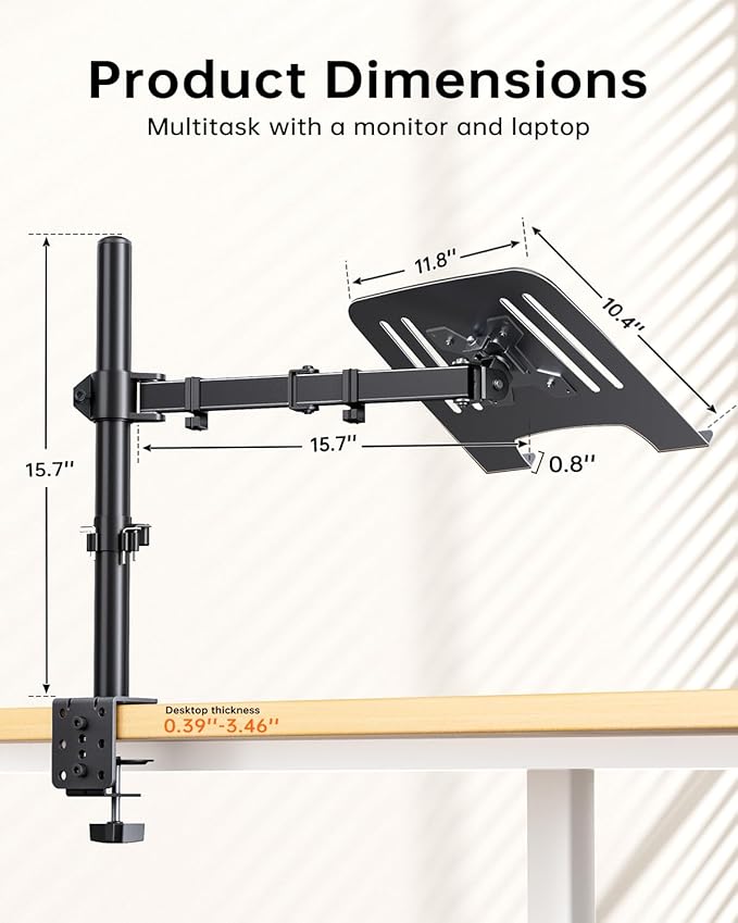 H&ampC(hcck&ampCllassp) Laptop Desk Mount for 11-17 Notebook Fully Adjustable with Tilt Swivel Rotation Extension Single Laptop Arm with Vented Tray C-clamp Black
