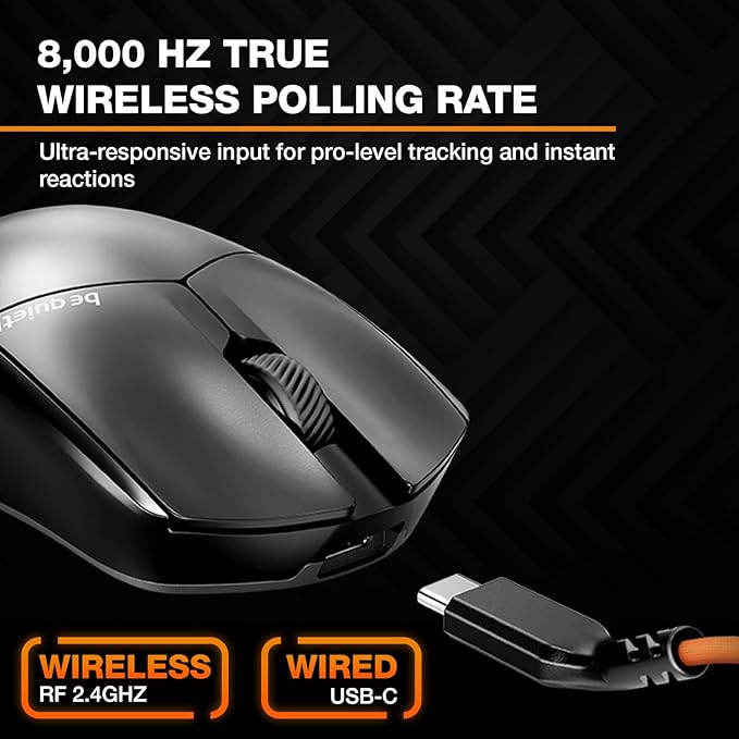 be quiet! Dark Perk Sym PC Gaming Mouse 55g Lightweight Ultra-Long Wireless Battery Life 8000Hz Polling Rate PixArt PAW3950 Sensor 32000 DPI Optical 70m switches 100% PTFE Glide Skates