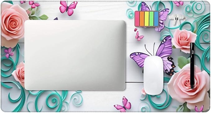 Pink Roses Butterflies Desk Cover MatExtended Large Mouse PadComputer Laptop Mat Desk Decor for Office Game Home 30x16 Inch