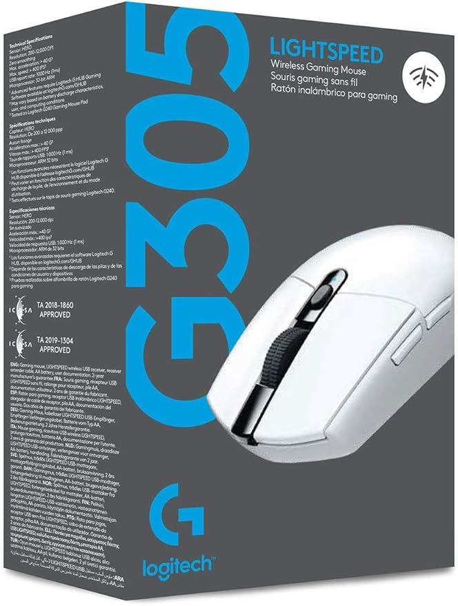Logitech G305 Lightspeed Wireless Gaming Mouse Hero Sensor 12000 DPI Lightweight 6 Programmable Buttons 250h Battery On-Board Memory Compatible with PC Mac - White