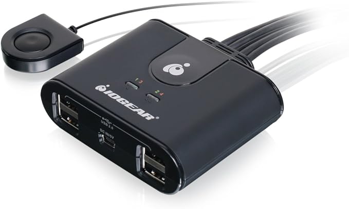 IOGEAR USB 2.0 4x4 Peripheral Switching Hub - 4 PC Share To 4 USB Devices - Up To 480Mbps - Mobile Devices Charging - Mouse/Keyboard - Printer - Scanner - EX HD &amp More-LED Indicators w/Remote - GU