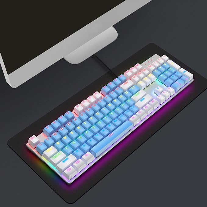 RGB Backlit 104 Keys Mechanical Gaming Keyboard USB Wired Computer Keyboard 28 Backlight Modes for Windows 2000 for Vista (Blue and White)