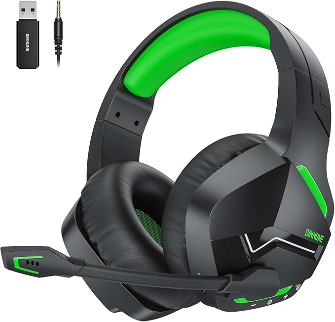 BINNUNE 2.4GHz Wireless Gaming Headset Bluetooth 5.3 Gaming Headphones with Noise Canceling Mic 120H Ultra-Long Battery 50mm Drivers Multi-Platform for PC / PS5 /PS4/ Switch/Mobile Green