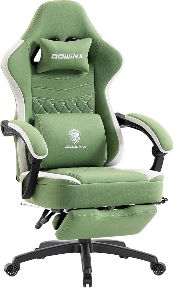 Dowinx Gaming Chair Breathable Fabric Game Chair with Gel Pad and Storage Bag Comfortable Gamer Chair with Pocket Spring CushionErgonomic Computer Chair with FootrestGreen and White