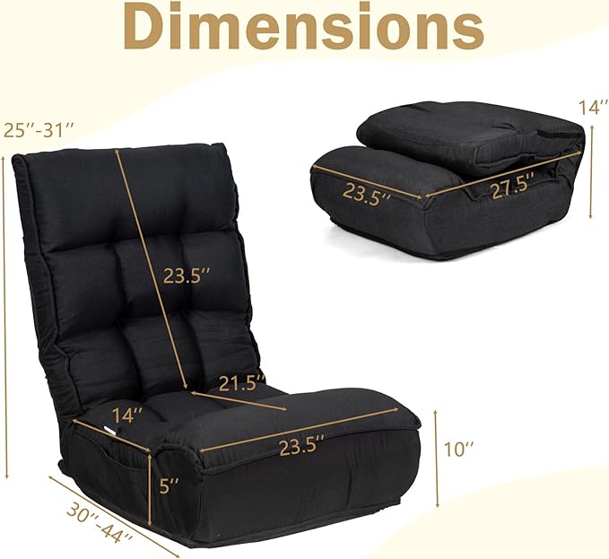 KOMFOTT Folding Floor Chair for Adults Floor Gaming Chair with 5-Position Adjustable Headrest &amp 4-Position Adjustable Backrest Side Pocket Floor Seating Lazy Sofa for Reading Meditating Black