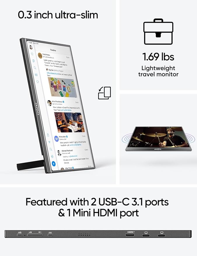ARZOPA Portable Monitor &amp Sleeve 17.3'' 1080P FHD Laptop Monitor &ampPU Sleeve Bag Combination