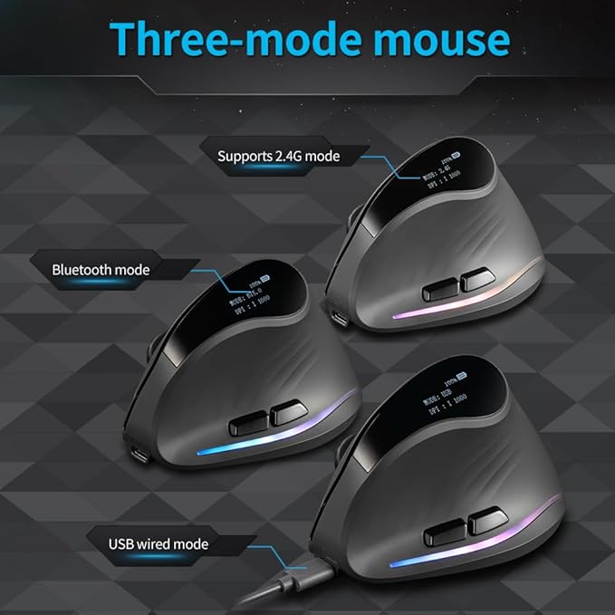 zelotes Bluetooth Wireless Vertical Mouse with DisplayRechargeableDual Mode (BT 5.0/3.0 + 2.4G USB Receiver)4000 DPI(5-Level Adjustable)Optical Portable Ergonomic Mouse for PCLaptopTabletsBlack