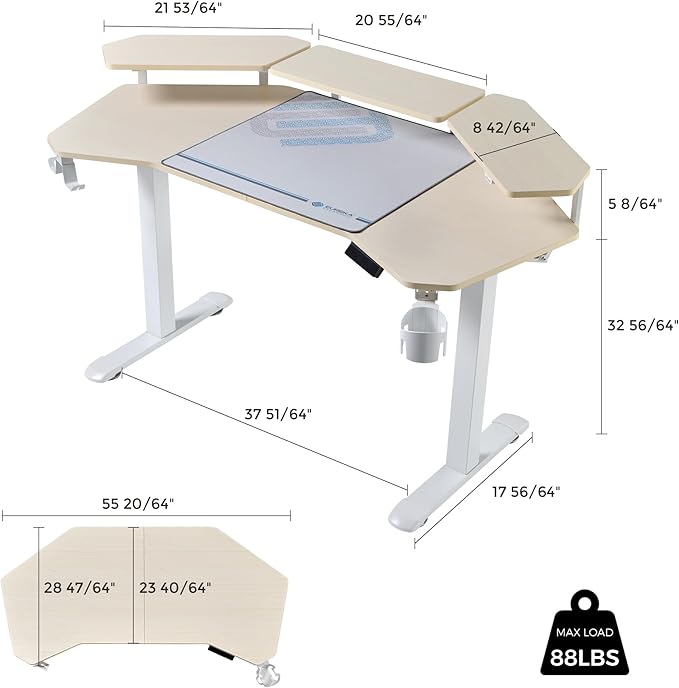 EUREKA ERGONOMIC Aero 55 Inch W Shaped Electric Standing Desk Height Adjustable Computer Gaming Desk with LED Monitor Shelf Mouse Pad Headphone Hook Cup Holder Natural Maple
