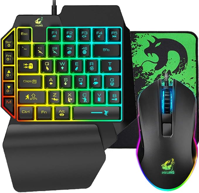 One Handed Gaming Keyboard and Mouse Combo 39 Keys USB Wired Gaming Keypad with Wrist Rest Rainbow Backlit Mechanical Feel Anti-Ghosting Keyboard 6-Button Adjustable DPI Mouse for PC