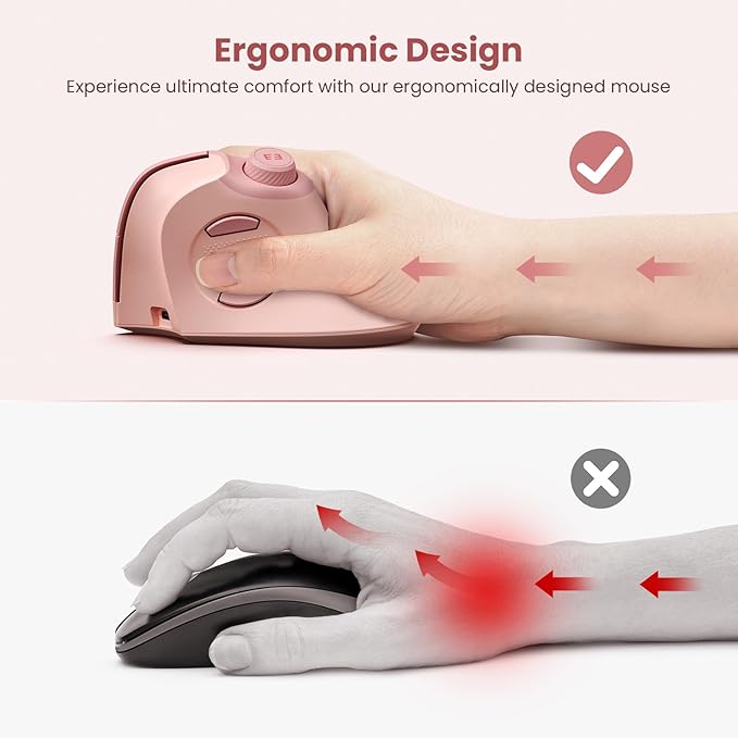seenda Ergonomic Mouse Wireless MOU-302 Bluetooth Vertical Mouse Rechargeable Optical Mice with 1000/1600/2400 DPI Volume Knob 3 Multi-Device Connectivity for Computer/PC/Laptop/Mac Pink