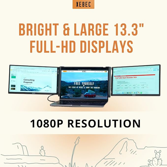 Xebec Tri-Screen 3 Laptop Screen Extender | Portable Monitor for Laptops 13″-18″ | Two 13.3 Inch Displays via One USB-C Cable | Plug and Play | Travel Case Included (Tri-Screen 3 for PC)