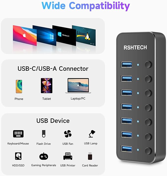 Powered UBS Hub RSHTECH 7 Port USB 3.0/USB C Hub Upgraded Version Aluminum USB Splitter with 2-in-1 USB Cable5V 3A Power Adapter and Individual Switches USB Port Expander for Laptop/PC RSH-ST07