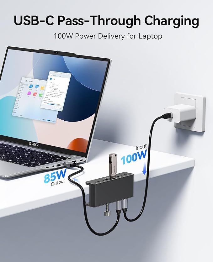 ORICO Clip Docking Station 8-in-1 Clamp USB C Hub with 4K@60Hz HDMI 100W PD Gigabit Ethernet 4xUSB Port AUX 10Gbps Clamp Docking Station for Laptop MacBook PC (Adapter Not Included)