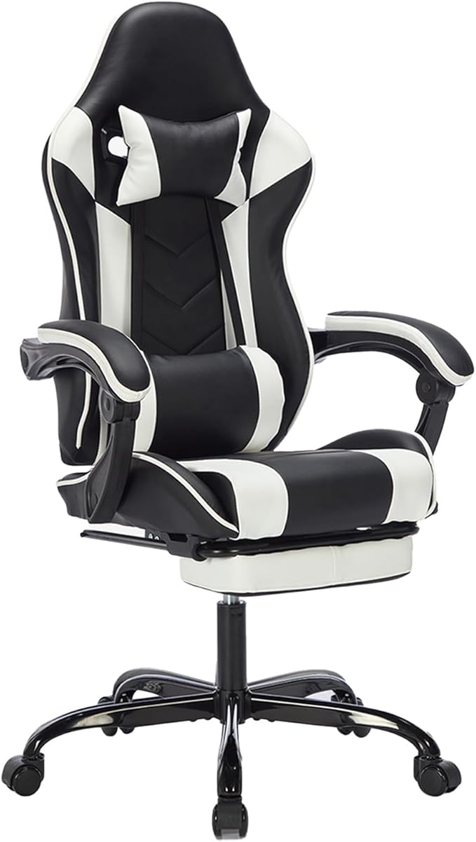 Ergonomic Gaming Chair with Footrest Black and White Gaming Chair for Adults Girls Women Video Game Chairs with Wheels &amp Lumbar Support 300 LBS Capacity (Black+White2)