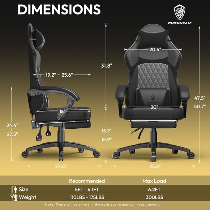 Dowinx 665TE0A Gaming Chair with Pocket Spring Cushion Ergonomic Computer Chair with Massage Lumbar and Footrest for Adults High Back Game Chair Leather for Office Gaming 300LBS