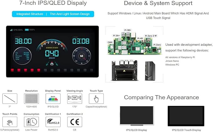 7inch 1024x600 IPS Integrated Display Supports Raspberry Pi 4B/3B+/3B/2B/B+/A+/Zero/Zero W/WH/Zero 2W and Jetson Nano and Windows PC (with Touch) @XYGStudy (70H-1024600-IPS-CT-A)