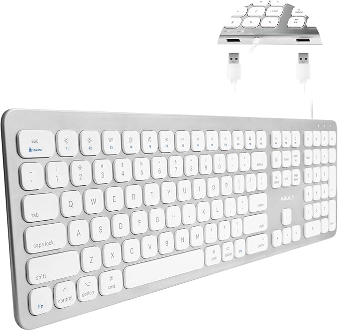 Macally Wired Keyboard for Mac with USB Ports for Mouse - Compatible Apple Keyboard for MacBook Pro/Air iMac - Aluminum Frame