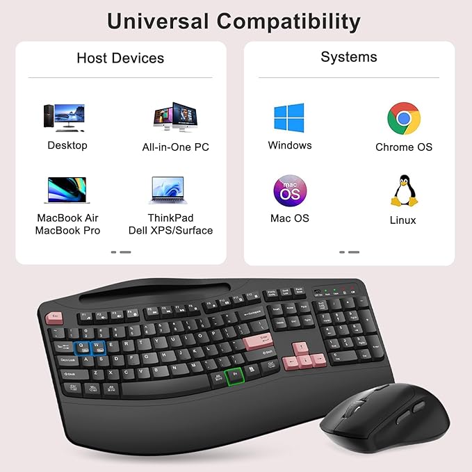 Wireless Keyboard and Mouse Combo 2.4G Full Size Wave Keys Ergonomic Keyboard with Wrist Rest Phone Holder 3-Level DPI Wireless Silent Mouse with 6-Buttons for Windows (Pink)