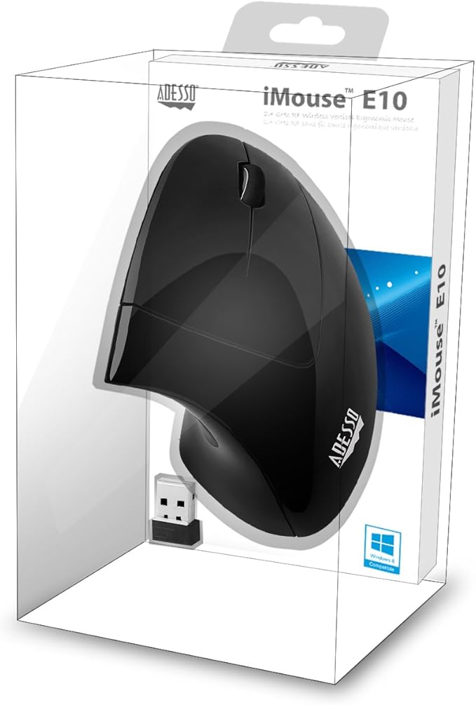 Adesso iMouse E10 - Vertical Ergonomic Optical 6-Button 2.4 GHz RF Wireless Mouse - Right Hand Orientation Black