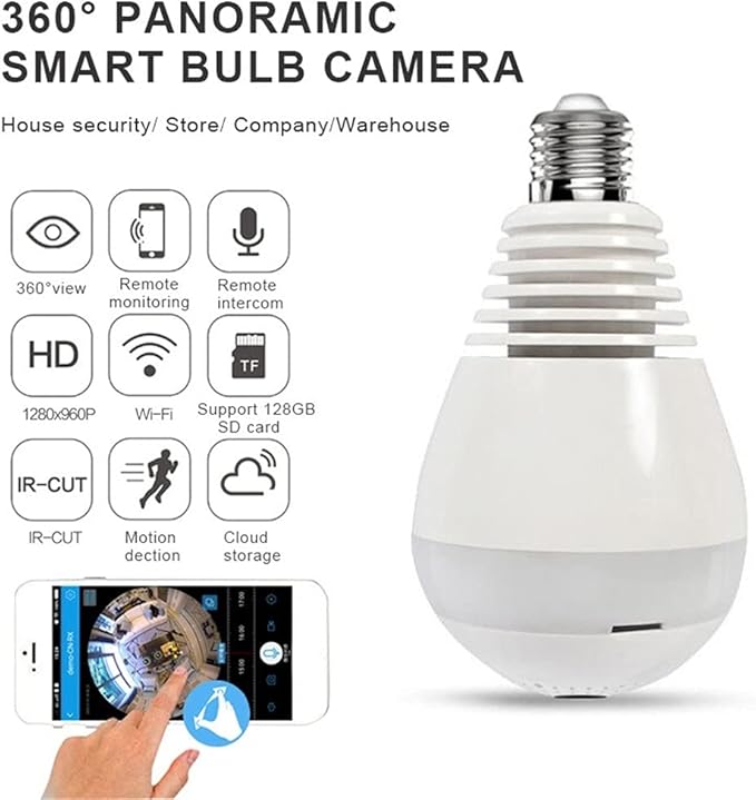 1080P Webcam Network Monitoring E27 Threaded Light Source 360 Fisheye Bulb Smart Computer Camera