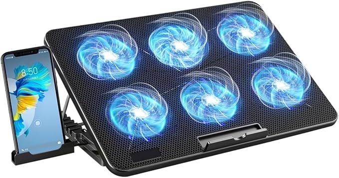 Compatible for 15.6-17.3 Laptop Cooling Pad 6 Quiet Fans 7 Speed/Height Adjustable Built-in Phone Holder