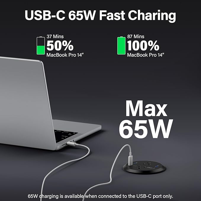 3 inch Desktop Power Grommet USB C65W Fast Charging StationFurniture Recessed Power Strip2 Outlets4 USB PortsFlush-Mount for Desktop Workspace Essential Desk Outlet2 Pack (Black)