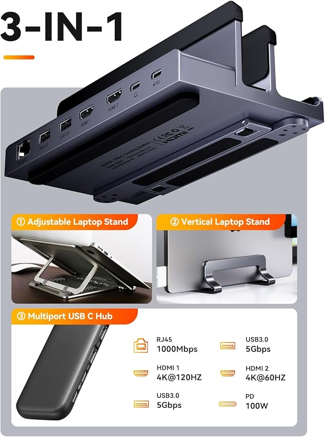 Laptop Docking Station Stand Dual 4K: QUUGE USB C Docking Station Dual Monitor for Laptop 2 HDMI (Windows Single 4K@120Hz) 2 USB3.0 Ports 100W PD RJ45 Ethernet Universal Laptop Stand USB C Dock
