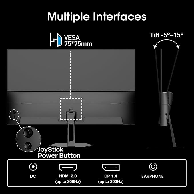 Amzfast 24 Inch Gaming Monitor 180Hz 200Hz FHD 1080p Computer Monitor 1ms Adaptive Sync 3000:1 129% sRGB HDR Display Eye Care VESA 75x75 Metal Stand HDMI 2.0 | DP 1.4 AMZG24X1