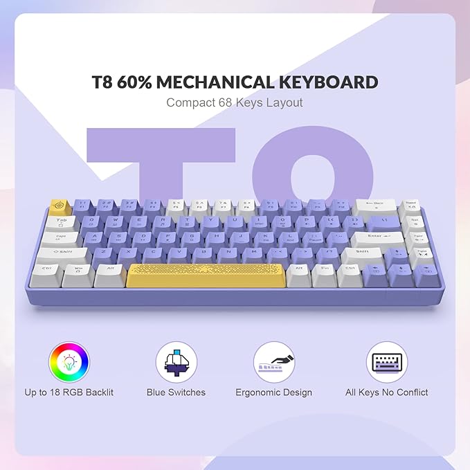 T8 60% Mechanical Gaming Keyboard68 Keys TKL Compact Layout Mini Wired Keyboard18 Chroma RGB BacklitBlue SwitchAnti-ghostingPro Custom Coiled USB-C Cablefor PCMacPS4Xbox-Purple