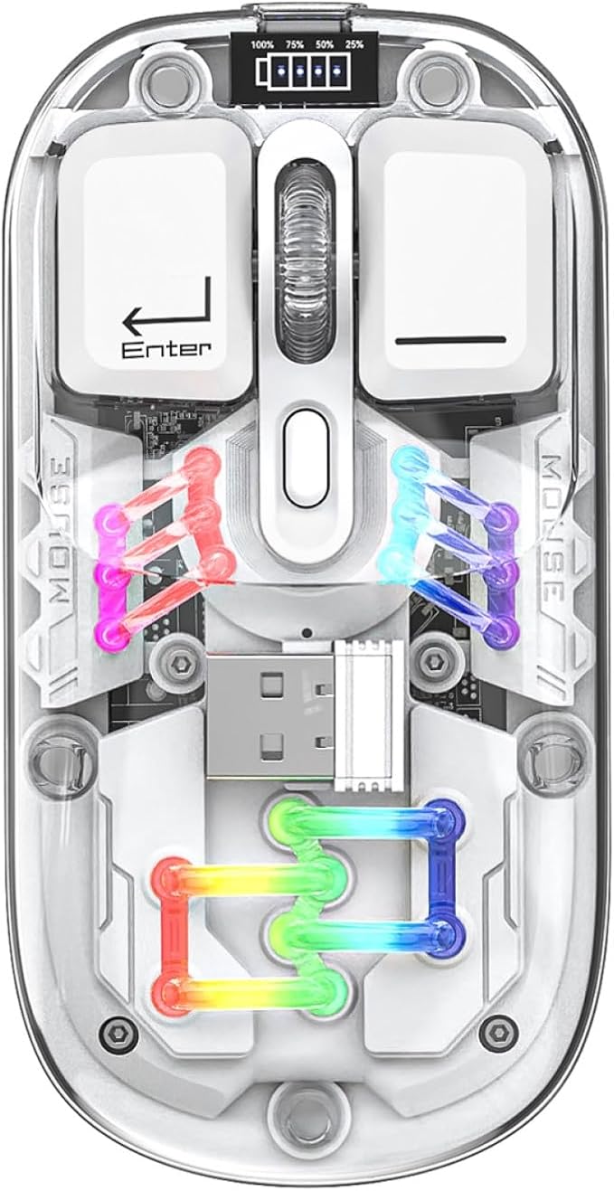 Sahara - Wireless Mouse | Transparent Shell LED Lights | Rechargable Battery | USB &amp Type C Adapter | Glacier Pro Series | Clear