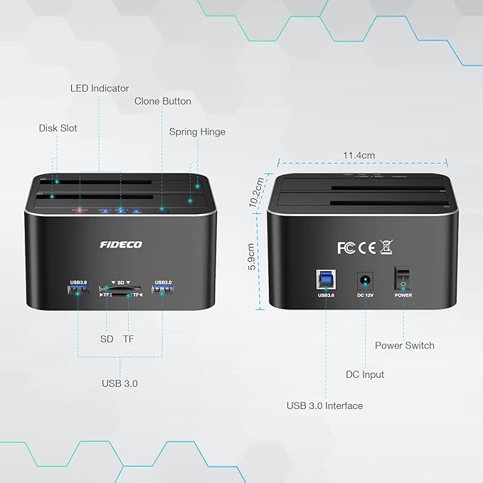 FIDECO Hard Drive Docking Station USB 3.0 Aluminum Hard Drive Docking Stations 2.5/3.5 SATA HDD SSD TF Card Reader and SD Card Reader Offline Clone Support