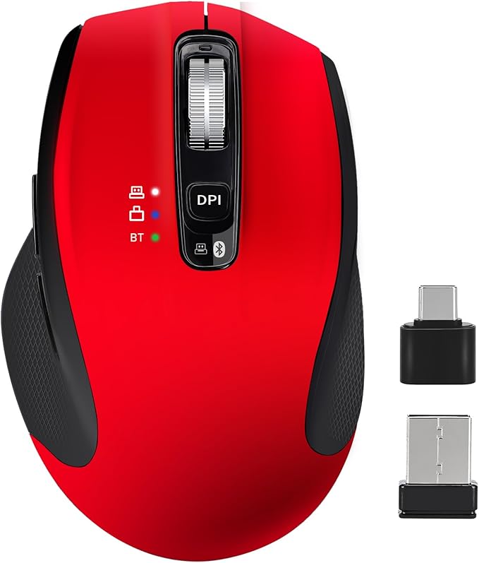 Wireless Bluetooth Mouse with USB A USB C Receiver Rechargeable Multi Device Mouse Silent Ergonomic Full Size Portable for iPad/MacBook/PC/Computer/Laptop-Red