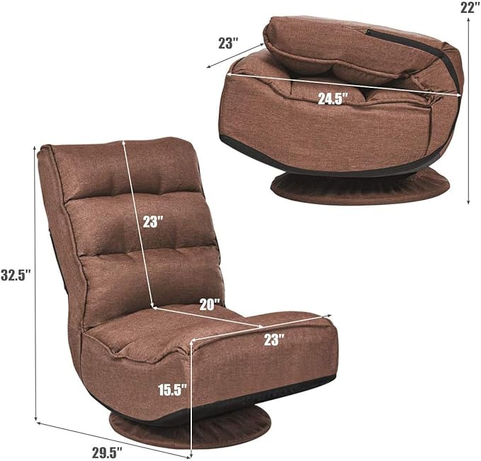 LDAILY Floor Gaming Chairs 360 Degree Swivel Recliner with 5 Adjustable Positions Comfortable Padded Lazy Sofa Foldable Gaming Chair for TV Watching Reading (Coffee)