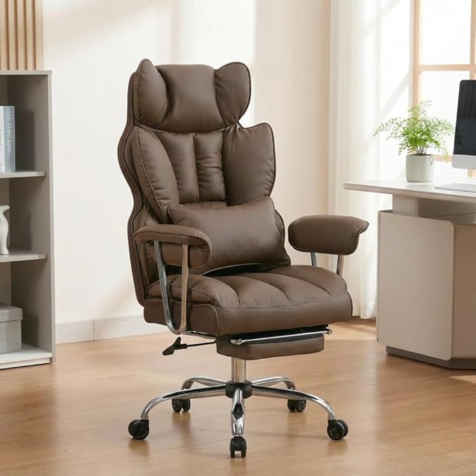 Big and Tall Office Chair 400lbs - Heavy Duty Executive Desk Chair with Footrest High Back PU Leather Ergonomic Computer Chair with Extra Wide Seat &amp Thick Cushion for Home Office (Brown)