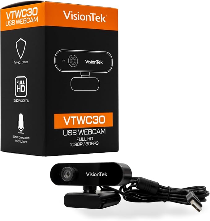 VisionTek VTWC30 Premium Full HD (1080P 30FPS) Webcam for Windows Mac Linux &amp Chromebook with Digital Dual Microphones Manual Focus Lens Privacy Cover 83-Degree Viewing Angle