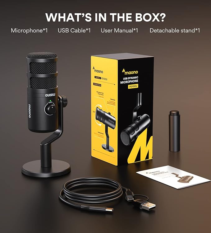 MAONO USB Dynamic Microphone Podcast Recording Microphone with Gain Knob Plug &amp Play Metal Structure Voice-Isolating Technology Cardioid Studio PC Mic for Streaming Vocal Home Studio-PD100U