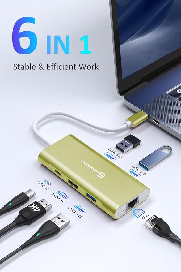 UtechSmart USB C Hub USB C Ethernet Multiport Adapter 6 in 1 USB C to HDMI Dock Compatible for MacBook Pro/Air Chromebook Dell XPS HP (Gigabit Ethernet 100W PD 4K HDMI USB 3.0)(Gold) UCN3273