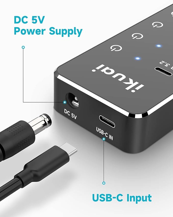 Powered USB Hub ikuai 7-Port USB 3.2 / USB C Hub with 3 10Gbps Data Ports (2 USB-C + 1 USB-A) and 4 USB A 3.0 Ports for PC Laptops