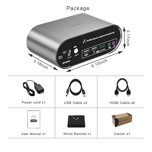 2 Computers 3 HDMI Monitors KVM Switch 8K@60Hz Triple Monitors Wired Remote and Hotkey Switching EDID Audio and Microphone Aluminum Alloy ShellDigital Display HDR10 with Cables