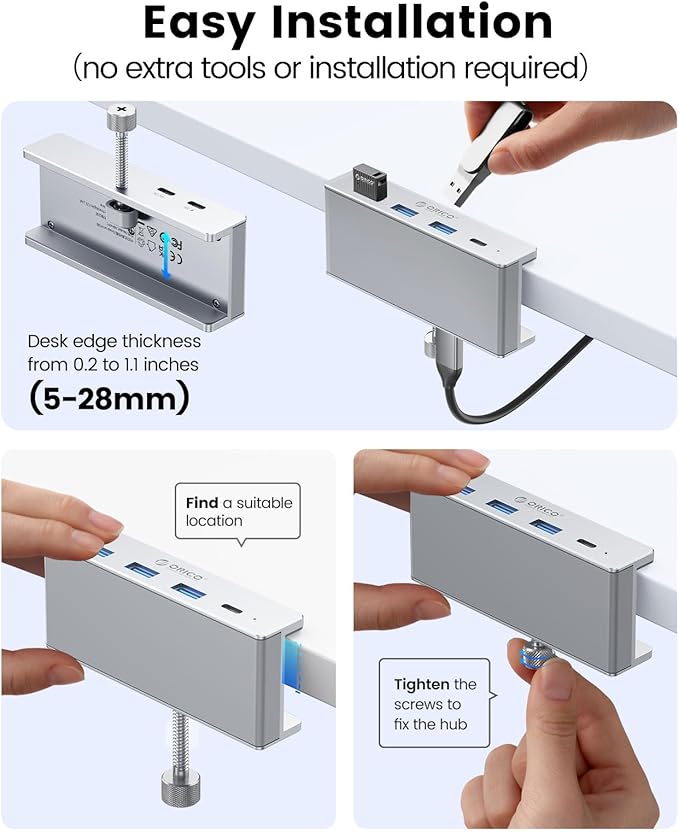 ORICO USB Hub 3.0 Clamp USB Hub with Extra Power Port 3 USB-A Data Ports USB-C Port for Monitors Desks(Silver)