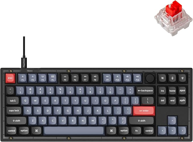 Keychron V3 Wired Custom Mechanical Keyboard Knob Version TKL QMK/VIA Programmable Macro with Hot-swappable Keychron K Pro Red Switch Compatible with Mac Windows Linux (Frosted Black-Translucent)