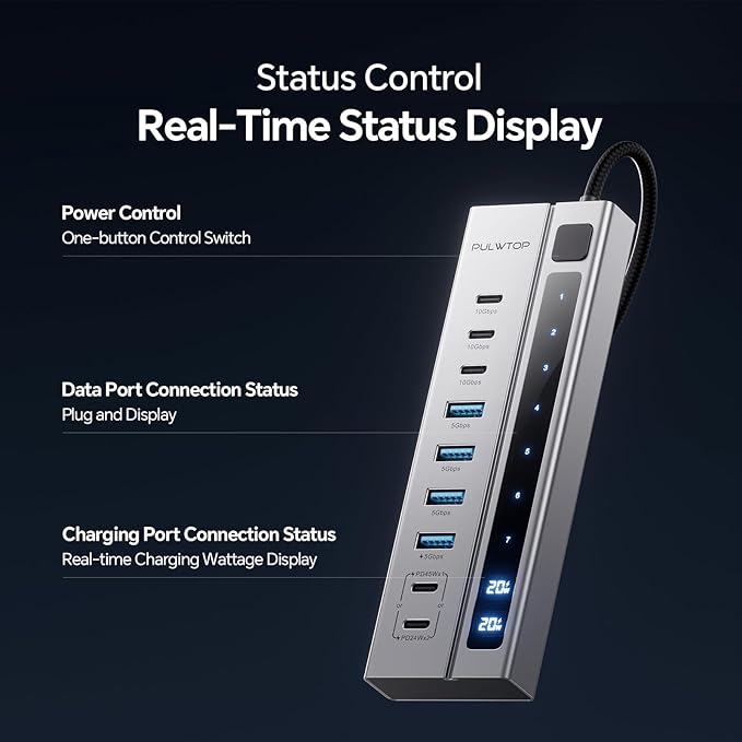 Powered USB C Hub 9-in-1 USB-Hub suppprt 10Gbps &amp PD 45W Max Charging(Not Support Video) USB Powered Hub with 3 USB-C 4 USB-A for Laptop MacBook iPad and More (72W Adapter Included)