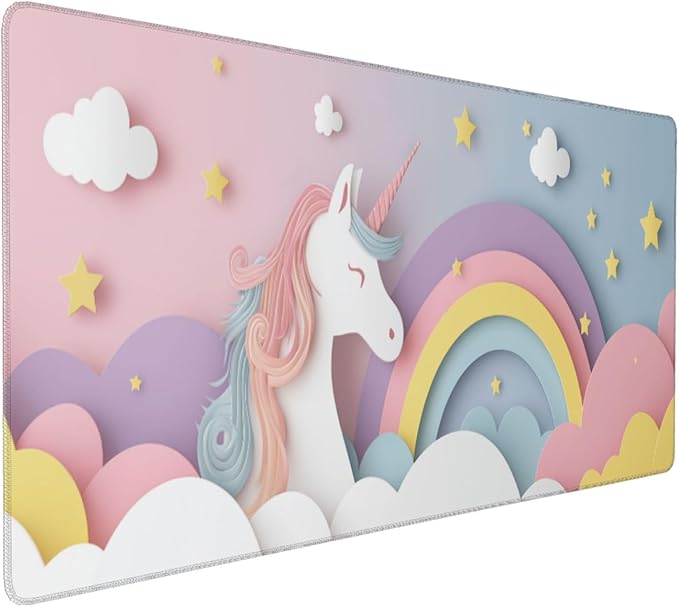 Cute Unicorn Gaming Mouse Pad Non-Slip Rubber Base 2XL Mousepad with Stitched EdgesWaterproof Washable Mouse Mat for Desk Home Office Gaming 16x35.5in