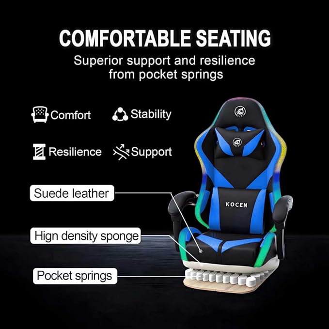 LED Gaming Chairs for Adults Tall and KidsLumbar SupportLED LightsHigh Back Reclining Computer Chair with Headrest(Blueblack)