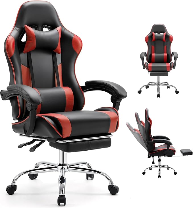 DUMOS Ergonomic Gaming Office Desk Chair with Footrest and Headrest for Adults PU Leather Video Computer Chair with Linkage Armrests Height Adjustable 360° Swivel Recling Chair Black Red