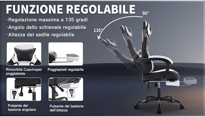 Gaming Chair with MassageErgonomic PC Gaming Chair with Footrest Comfortable Headrest and Lumbar SupportHigh Back PVC Leather300LBS (Black White)