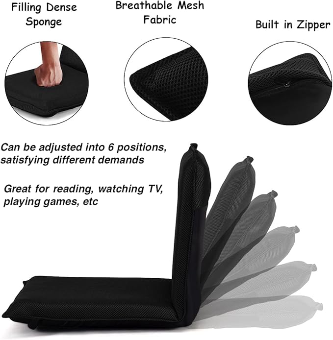 Auténtico Black Floor Chair Video Gaming Chair High Back Chair Cushion 6 Adjustable Backrest Positions Thick Padded Soft Cushion Provide Extra Seating Great for Reading Watching TV Playing Games